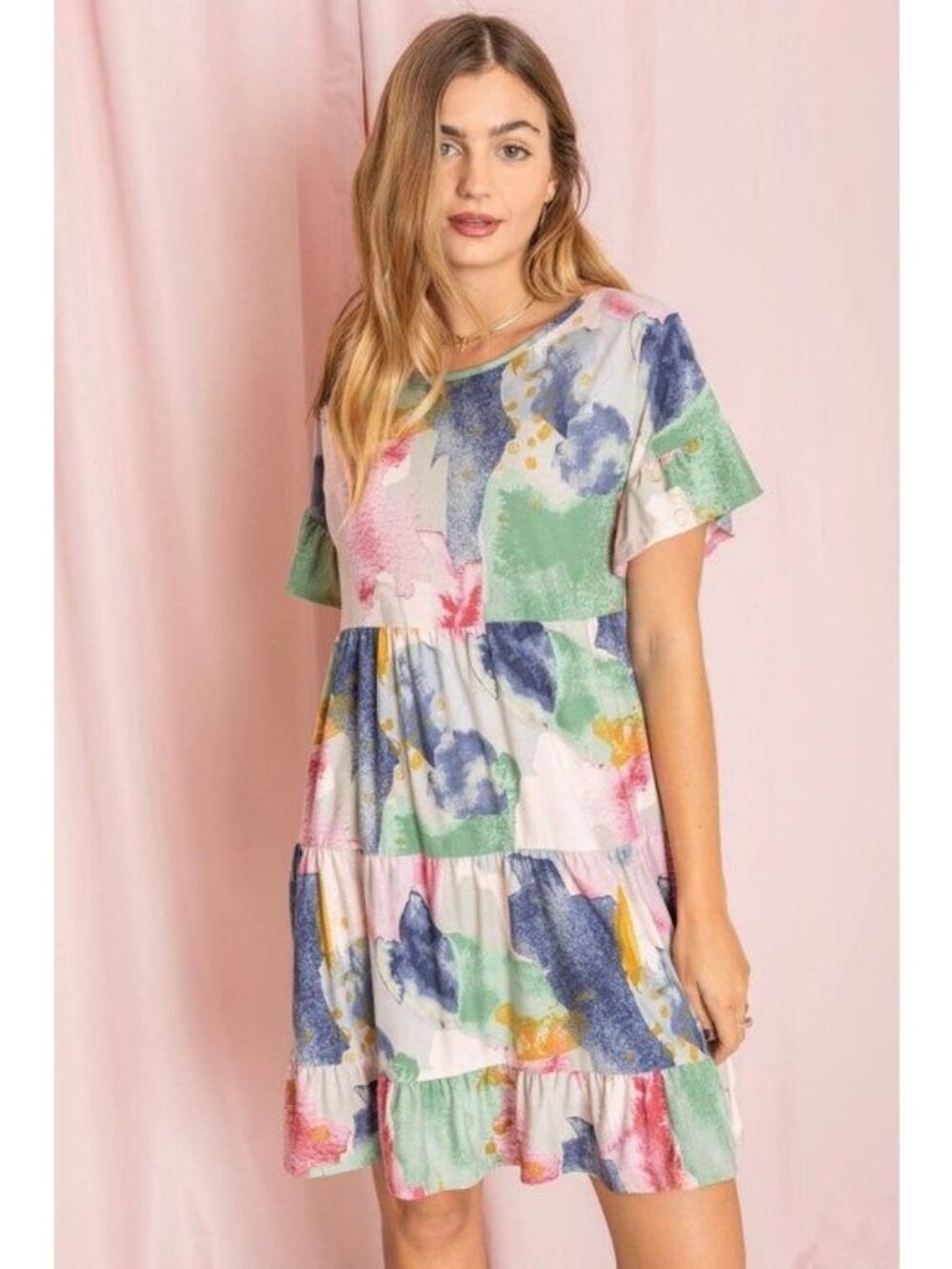 Watercolor Tiered Babydoll Dress Short Sleeve Lightweight Multicolor Womens Dres